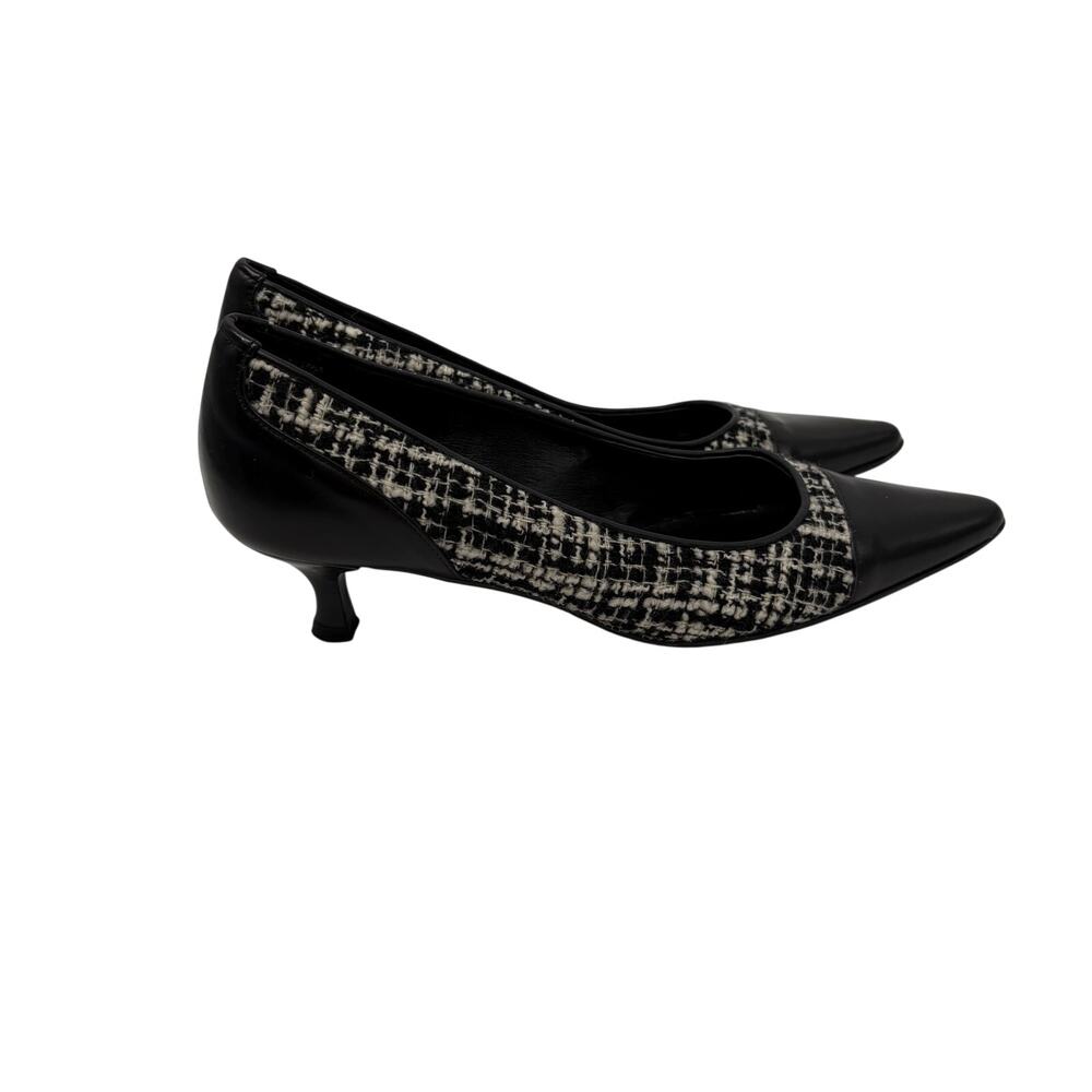 Casual Corner Tweed Leather Kitten Heels Black Leather Cap Toe Black White 7